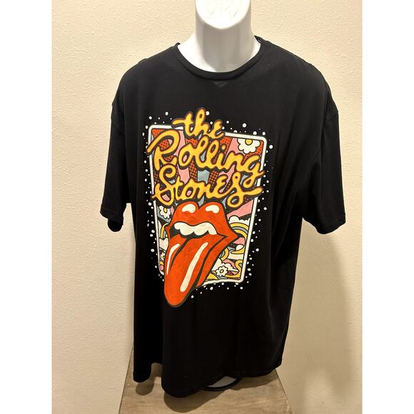 The Rolling Stones Men's Flowers Colors Tongue Logo Black T Shirt Tee Size XL - Picture 1 of 5